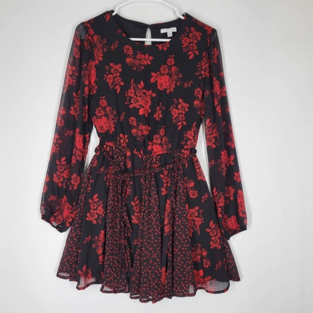 City Vibe Black Red Floral Chiffon Mini Dress Size S Sheer‎ Sleeve Whimsigoth